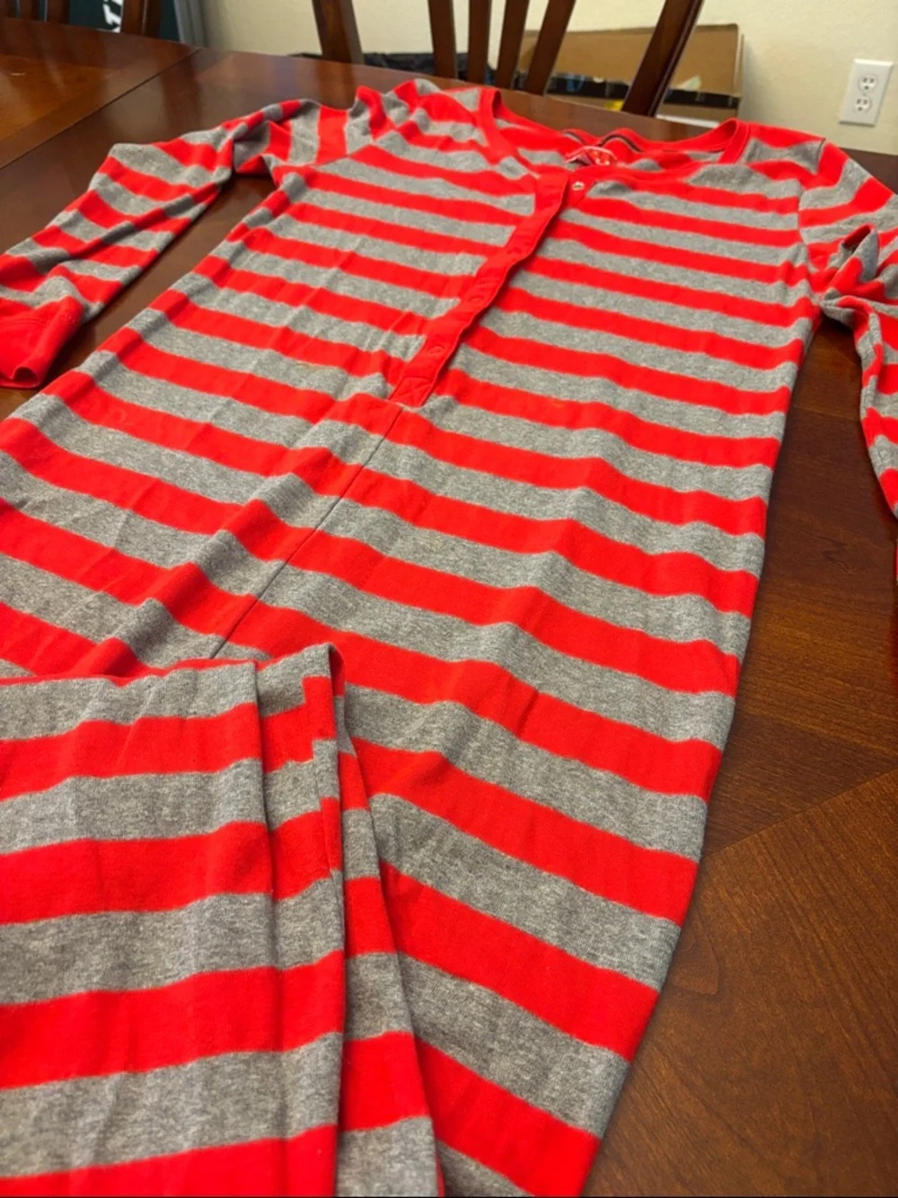 Red and Gray Striped Long-Sleeve Pajama One-Piece - Picture 2 of 8